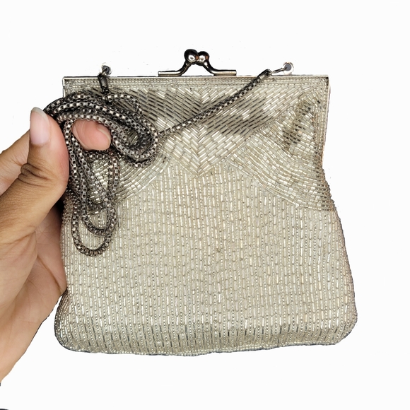 La Regale Handbags - Vintage La Regale Silver Beaded Clutch Evening Handbag